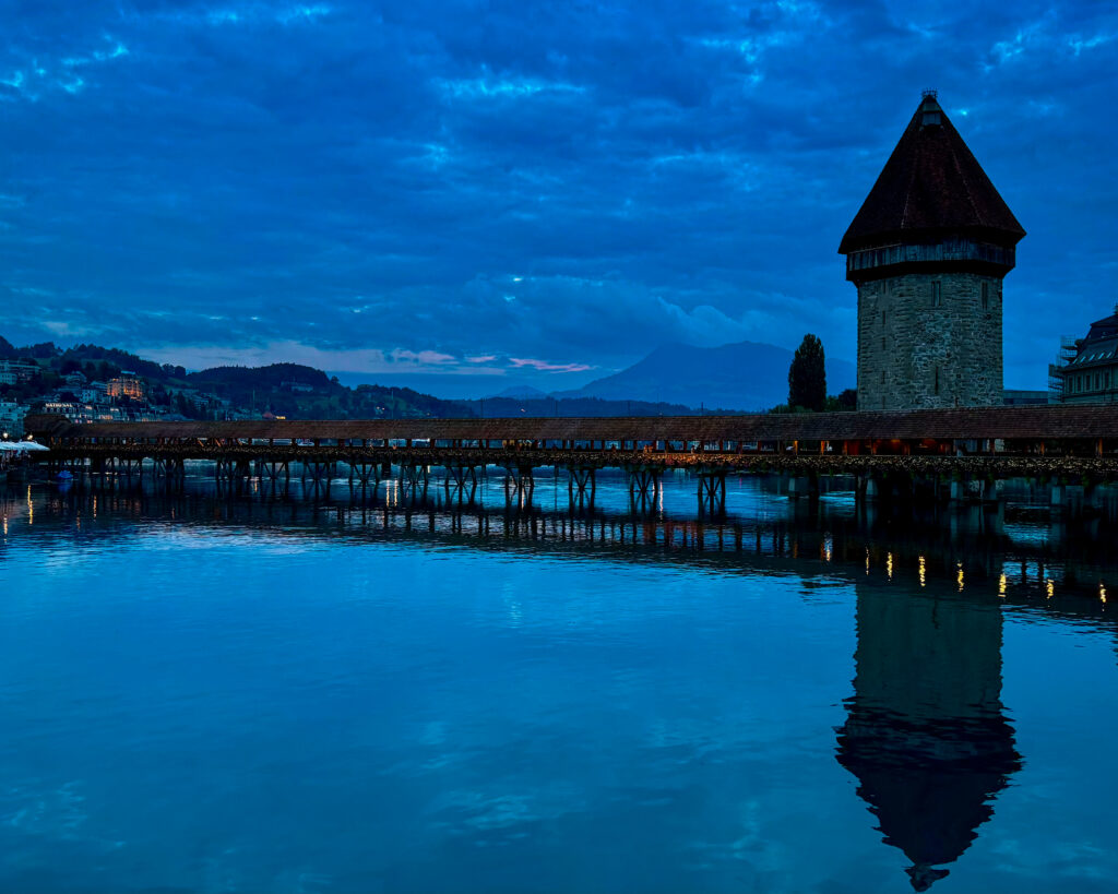 chapel bridge blue hour, lucerne, switzerland