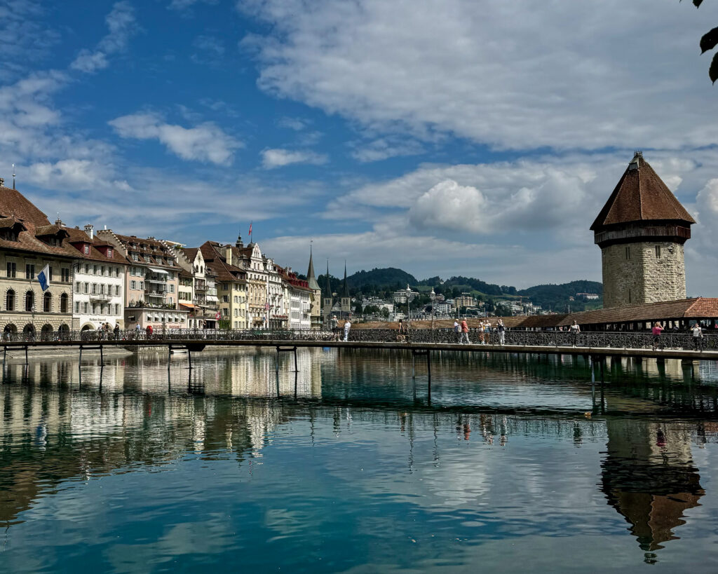 chapel bridge reflections, lucerne, switzerland