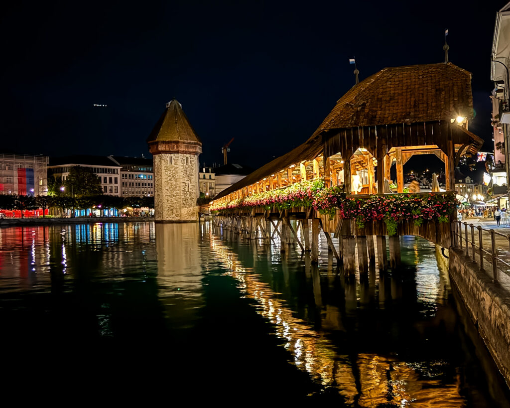 chaple bridge, lucerne at night